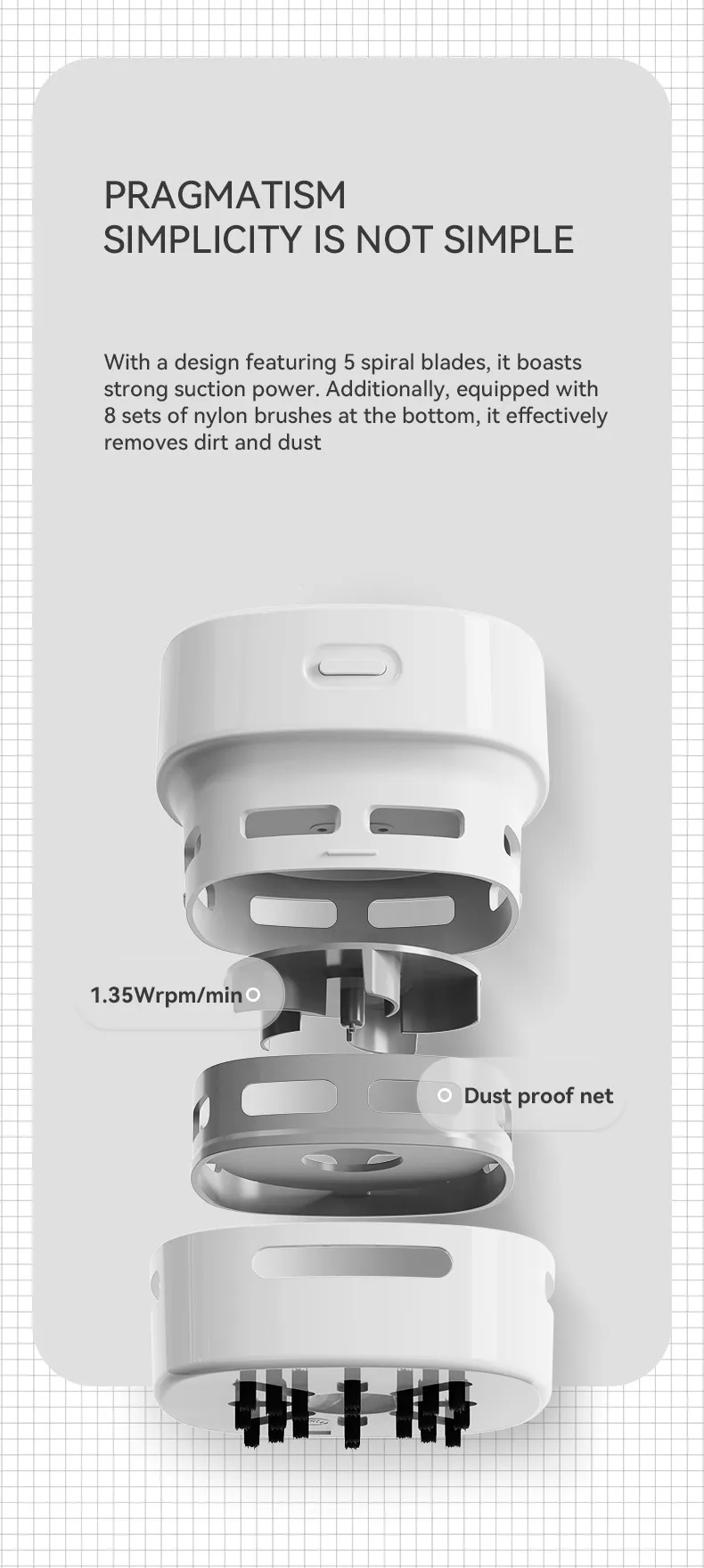 Exploded view showing Tidy's spiral blades, dust-proof net, and nylon brush base